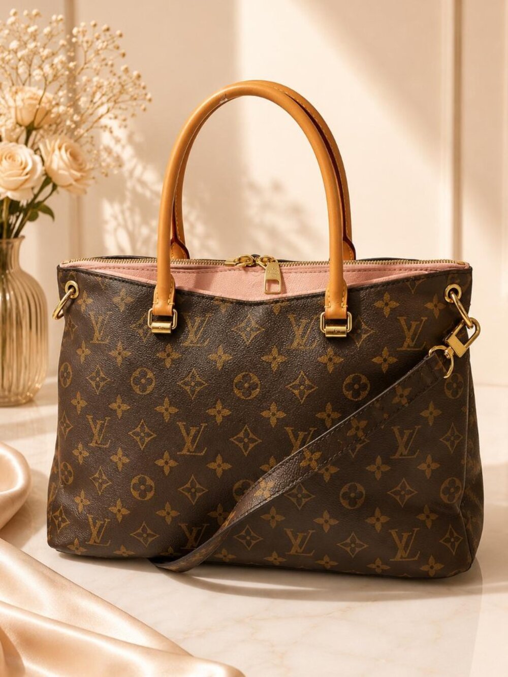 Authentic Louis Vuitton Pallas MM Monogram Canvas Pink Leather Tote Bag
